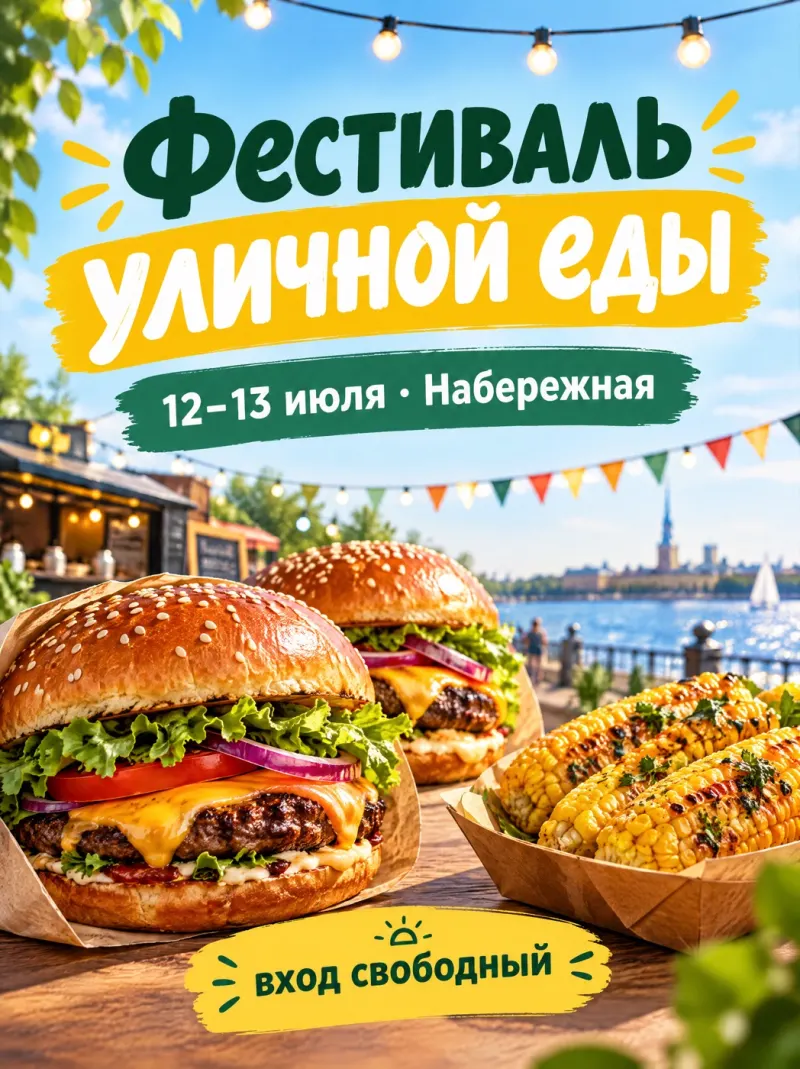 Афиша фестиваля уличной еды, сделанная нейросетью