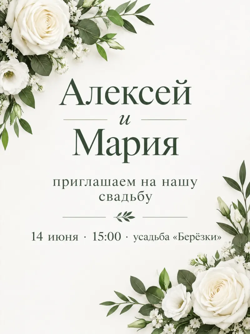 Свадебное приглашение с белыми цветами